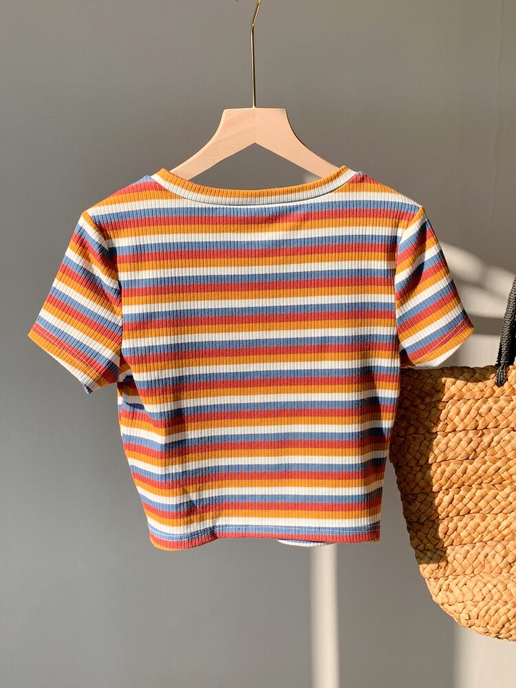 Comfortcana Colorful Striped Knitted Slim Fit Women T-Shirt, Casual And Fashionable For Daily Wear - Yellow - View 2