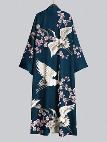 Irokai 鶴櫻花印花寬袖和服罩衫，前開襟綁腰浴袍，日式浴衣度假旅行海軍藍 - 彩色 - 查看 5