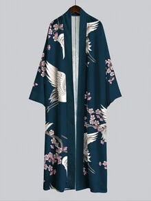 Irokai 鶴櫻花印花寬袖和服罩衫，前開襟綁腰浴袍，日式浴衣度假旅行海軍藍 - 彩色 - 查看 3