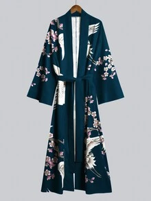 Irokai 鶴櫻花印花寬袖和服罩衫，前開襟綁腰浴袍，日式浴衣度假旅行海軍藍 - 彩色 - 查看 4