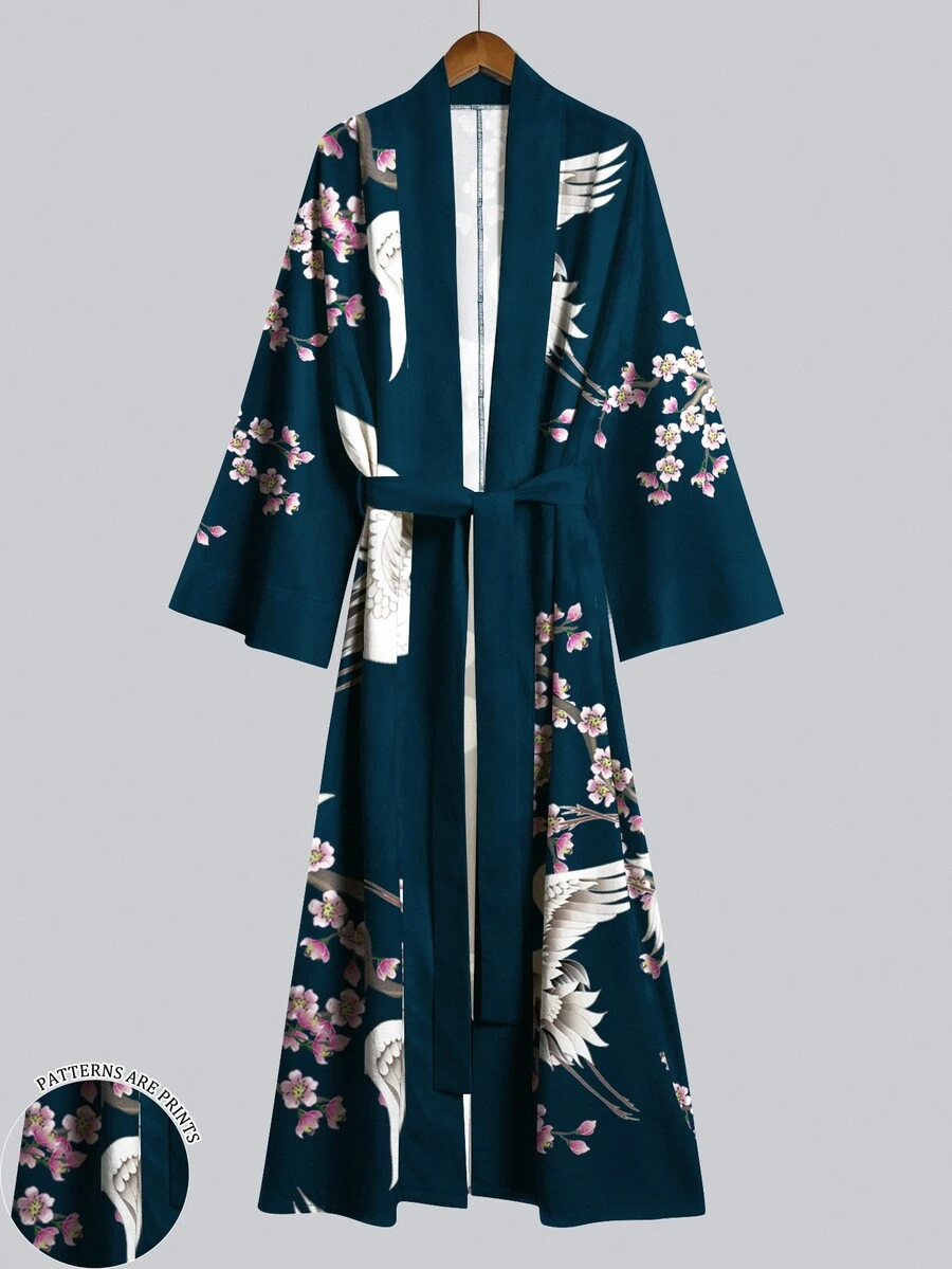 Irokai 鶴櫻花印花寬袖和服罩衫,前開襟綁腰浴袍,日式浴衣度假旅行海軍藍 - 彩色 - 查看 1