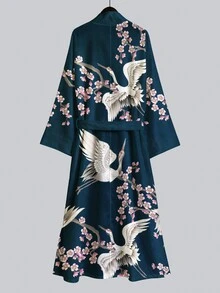 Irokai 鶴櫻花印花寬袖和服罩衫，前開襟綁腰浴袍，日式浴衣度假旅行海軍藍 - 彩色 - 查看 2