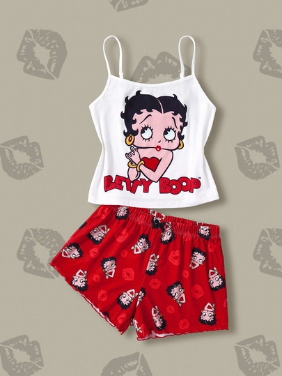 Betty Boop x SHEIN Ensemble de pyjama femme composé d'un débardeur et d'un short imprimé de motifs de dessins animés mignons, pour l'été