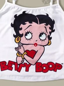 Betty Boop x SHEIN Women's Cute Cartoon Print Camisole And Shorts Pajama Set, Summer - Red and White - View 4