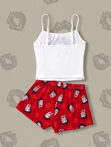 Betty Boop x SHEIN Women's Cute Cartoon Print Camisole And Shorts Pajama Set, Summer - Red and White - View 2
