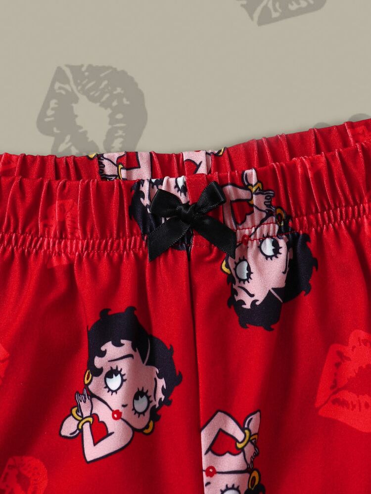 Betty Boop x SHEIN 女士可爱卡通印花吊带背心短裤睡衣套装，夏季 - 紅白色 - 查看 6