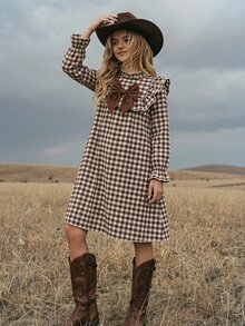 SHEIN LMoss Kids 青少年女孩立領長袖喇叭袖拼色蝴蝶結開學洋裝 - 咖啡棕 - 查看 5