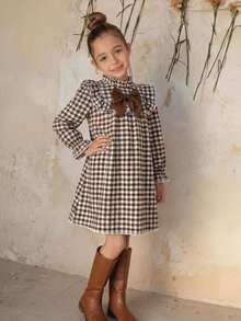SHEIN LMoss Kids 青少年女孩立領長袖喇叭袖拼色蝴蝶結開學洋裝 - 咖啡棕 - 查看 9