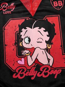 Betty Boop x SHEIN 大码夏季时尚蕾丝拼接卡通蝴蝶结印花T恤 - 紅色 - 查看 3