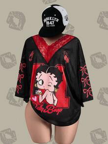 Betty Boop x SHEIN 大码夏季时尚蕾丝拼接卡通蝴蝶结印花T恤 - 紅色 - 查看 1