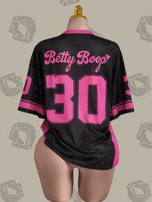 Betty Boop x SHEIN Damen Große Größen Lässig Oversized Modisch Streetwear Täglicher Arbeitsweg Tagsüber Cartoon Charakter Buchstaben/Zahlen Muster Kontrast Saum V-Ausschnitt Locker Mesh Atmungsaktiv T-Shirt, Sommer Schwarz und Rosa - Heißes Pink - Übersicht 2