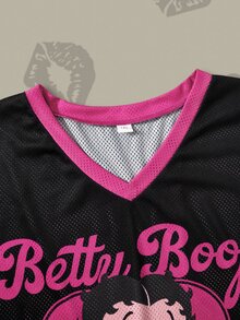 Betty Boop x SHEIN Damen Große Größen Lässig Oversized Modisch Streetwear Täglicher Arbeitsweg Tagsüber Cartoon Charakter Buchstaben/Zahlen Muster Kontrast Saum V-Ausschnitt Locker Mesh Atmungsaktiv T-Shirt, Sommer Schwarz und Rosa - Heißes Pink - Übersicht 3