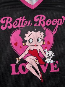 Betty Boop x SHEIN Damen Große Größen Lässig Oversized Modisch Streetwear Täglicher Arbeitsweg Tagsüber Cartoon Charakter Buchstaben/Zahlen Muster Kontrast Saum V-Ausschnitt Locker Mesh Atmungsaktiv T-Shirt, Sommer Schwarz und Rosa - Heißes Pink - Übersicht 4