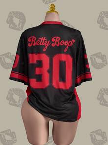 Betty Boop x SHEIN 大码休闲卡通图案V领短袖T恤，夏季 - 黑色 - 查看 2