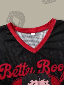 Betty Boop x SHEIN 大码休闲卡通图案V领短袖T恤，夏季 - 黑色 - 查看 3