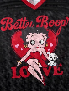 Betty Boop x SHEIN 大码休闲卡通图案V领短袖T恤，夏季 - 黑色 - 查看 4