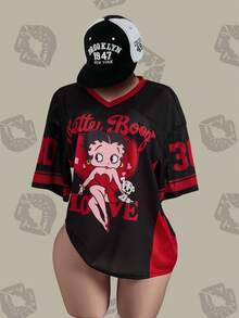 Betty Boop x SHEIN 大码休闲卡通图案V领短袖T恤，夏季 - 黑色 - 查看 1
