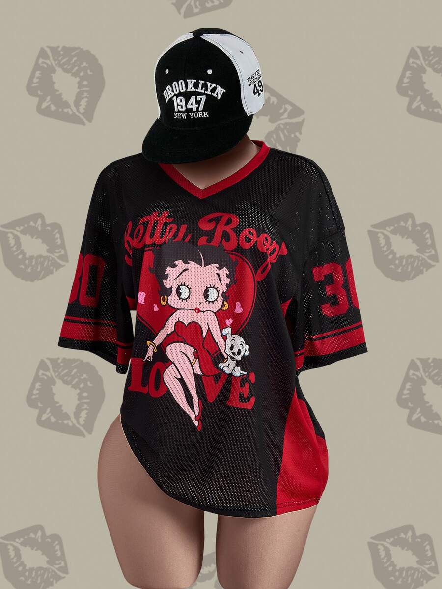 Betty Boop x SHEIN 大码休闲卡通图案V领短袖T恤,夏季 - 黑色 - 查看 1