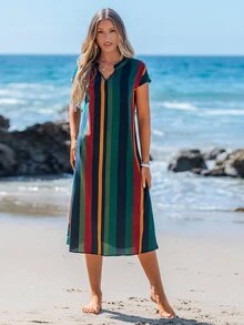SHEIN LUNE Women's Mid-Length Casual Tropical Dress, Fashionable Minimalist For Daily Wear,Vacation Beach Vacation Navy Blue Summer - Multicolor - View 5