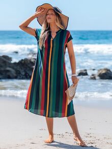 SHEIN LUNE Women's Mid-Length Casual Tropical Dress, Fashionable Minimalist For Daily Wear,Vacation Beach Vacation Navy Blue Summer - Multicolor - View 3