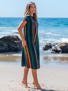 SHEIN LUNE Women's Mid-Length Casual Tropical Dress, Fashionable Minimalist For Daily Wear,Vacation Beach Vacation Navy Blue Summer - Multicolor - View 4