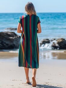SHEIN LUNE Women's Mid-Length Casual Tropical Dress, Fashionable Minimalist For Daily Wear,Vacation Beach Vacation Navy Blue Summer - Multicolor - View 2