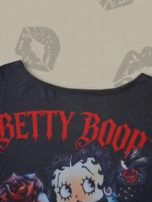 Betty Boop x SHEIN 女士不对称领口网纱短袖宽松上衣 - 黑色 - 查看 5