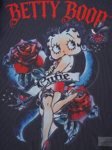 Betty Boop x SHEIN 女士不对称领口网纱短袖宽松上衣 - 黑色 - 查看 8