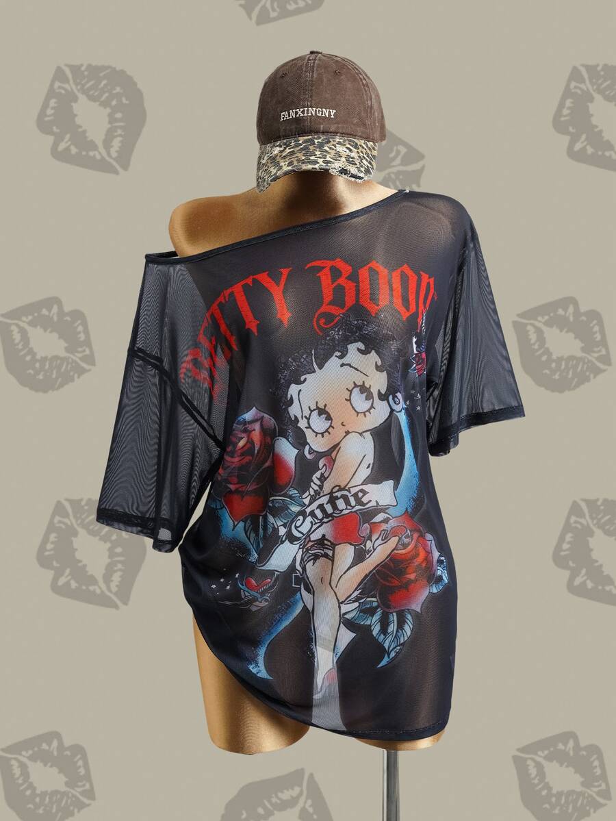 Betty Boop x SHEIN 女士不对称领口网纱短袖宽松上衣 - 黑色 - 查看 1