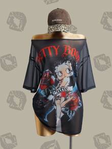 Betty Boop x SHEIN 女士不对称领口网纱短袖宽松上衣 - 黑色 - 查看 3