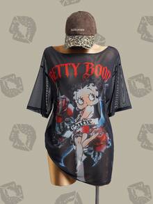 Betty Boop x SHEIN 女士不对称领口网纱短袖宽松上衣 - 黑色 - 查看 4