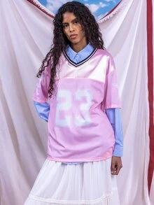 SHEIN EZwear Pink Women's Sports Jersey Numeric Printed T-Shirt - Pink - View 6