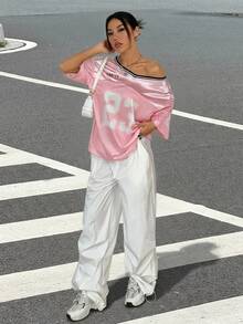 SHEIN EZwear Pink Women's Sports Jersey Numeric Printed T-Shirt - Pink - View 4