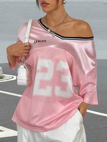 SHEIN EZwear Pink Women's Sports Jersey Numeric Printed T-Shirt - Pink - View 7