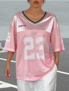 SHEIN EZwear Pink Women's Sports Jersey Numeric Printed T-Shirt - Pink - View 5