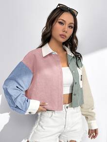 SHEIN EZwear 女式拼色梭织开襟长袖夹克灯芯绒夹克女式街头风秋冬短款夹克 - 彩色 - 查看 5