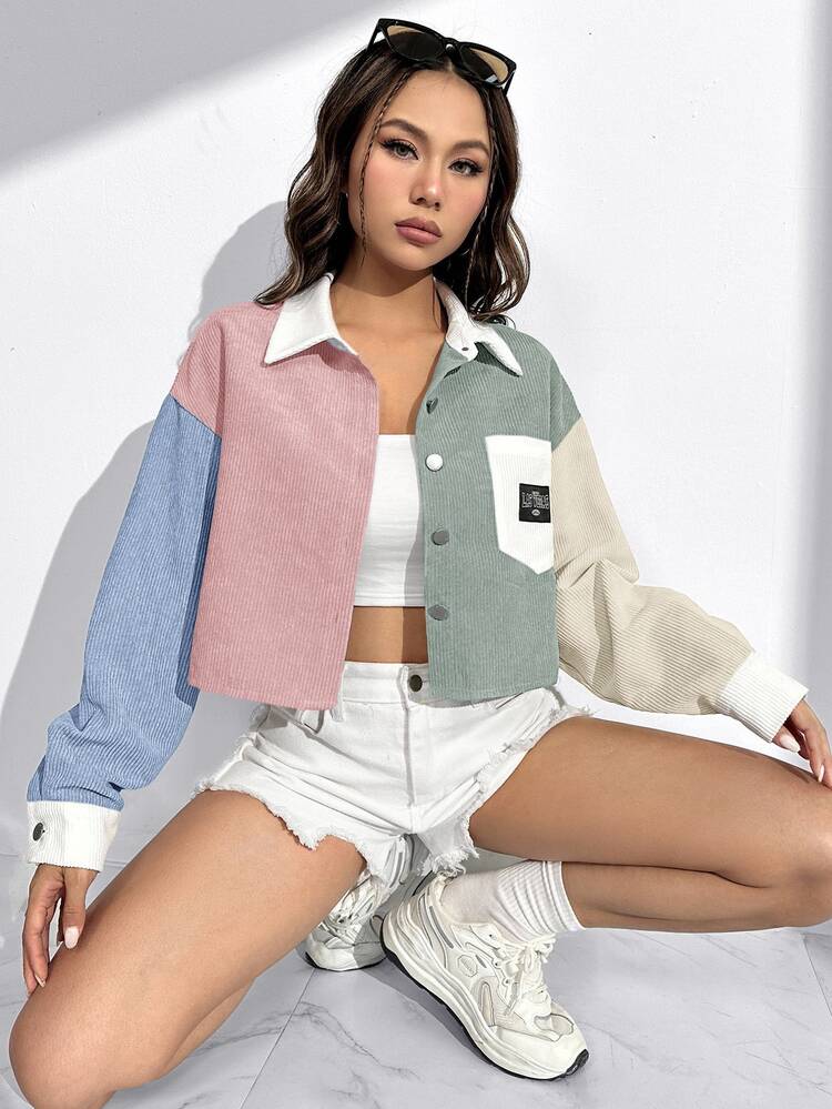 SHEIN EZwear Women's Color Block Woven Open Front Long Sleeve Jacket Corduroy Jacket Streetwear For Women Crop Jackets In Fall/Winter - Multicolor - View 10