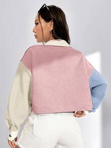 SHEIN EZwear 女式拼色梭织开襟长袖夹克灯芯绒夹克女式街头风秋冬短款夹克 - 彩色 - 查看 2