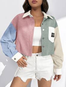 SHEIN EZwear 女式拼色梭织开襟长袖夹克灯芯绒夹克女式街头风秋冬短款夹克 - 彩色 - 查看 4