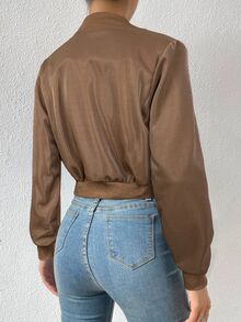 SHEIN EZwear Spring ClothesSolid Zip Up Crop Bomber Jacket In Fall/Winter - Coffee Brown - View 2