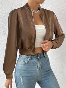 SHEIN EZwear Spring ClothesSolid Zip Up Crop Bomber Jacket In Fall/Winter - Coffee Brown - View 4