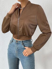 SHEIN EZwear Spring ClothesSolid Zip Up Crop Bomber Jacket In Fall/Winter - Coffee Brown - View 3