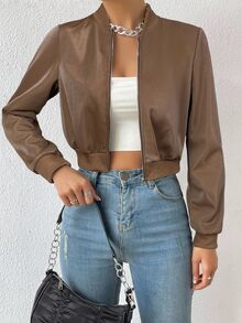 SHEIN EZwear Spring ClothesSolid Zip Up Crop Bomber Jacket In Fall/Winter - Coffee Brown - View 1