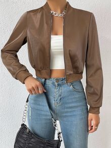 SHEIN EZwear Spring ClothesSolid Zip Up Crop Bomber Jacket In Fall/Winter - Coffee Brown - View 8