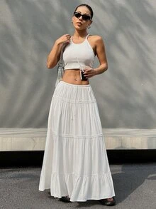 SHEIN EZwear Women Plain And Simple Everyday Pleated Skirt - White - View 6