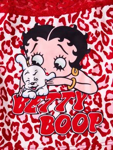 Betty Boop x SHEIN 女士蕾丝拼接豹纹印花露脐吊带背心和休闲家居裤睡衣套装 - 紅色 - 查看 8