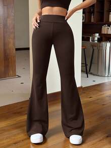 SHEIN EZwear 棕色針織女士修身喇叭褲 - 巧克力棕 - 查看 6