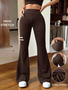 SHEIN EZwear 棕色針織女士修身喇叭褲 - 巧克力棕 - 查看 1