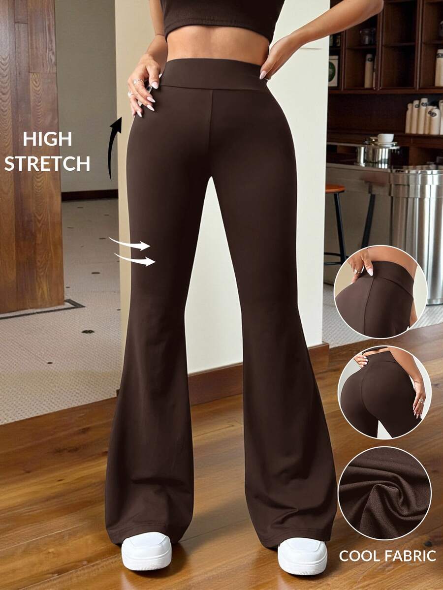 SHEIN EZwear 棕色針織女士修身喇叭褲 - 巧克力棕 - 查看 1