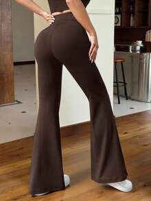 SHEIN EZwear 棕色針織女士修身喇叭褲 - 巧克力棕 - 查看 2